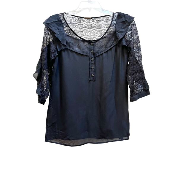 Rebecca Minkoff Tops - Rebecca Minkoff Black Silk Lace 3/4 Sleeve Henley Blouse Size 4